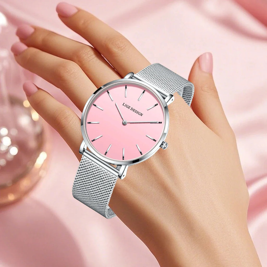 Women's Minimalist Quartz Watch with Stainless Steel Mesh Band