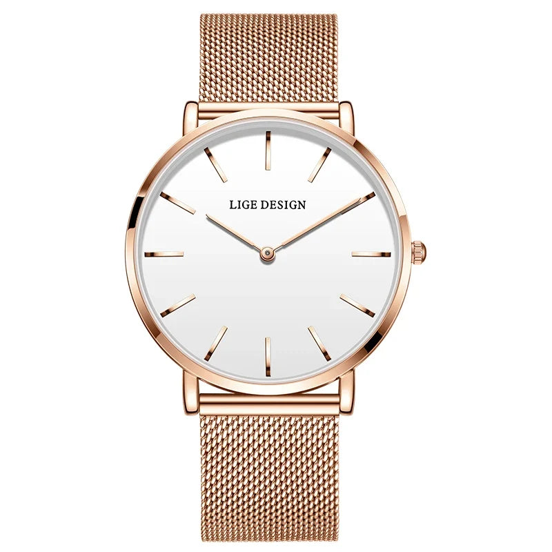 Women's Minimalist Quartz Watch with Stainless Steel Mesh Band