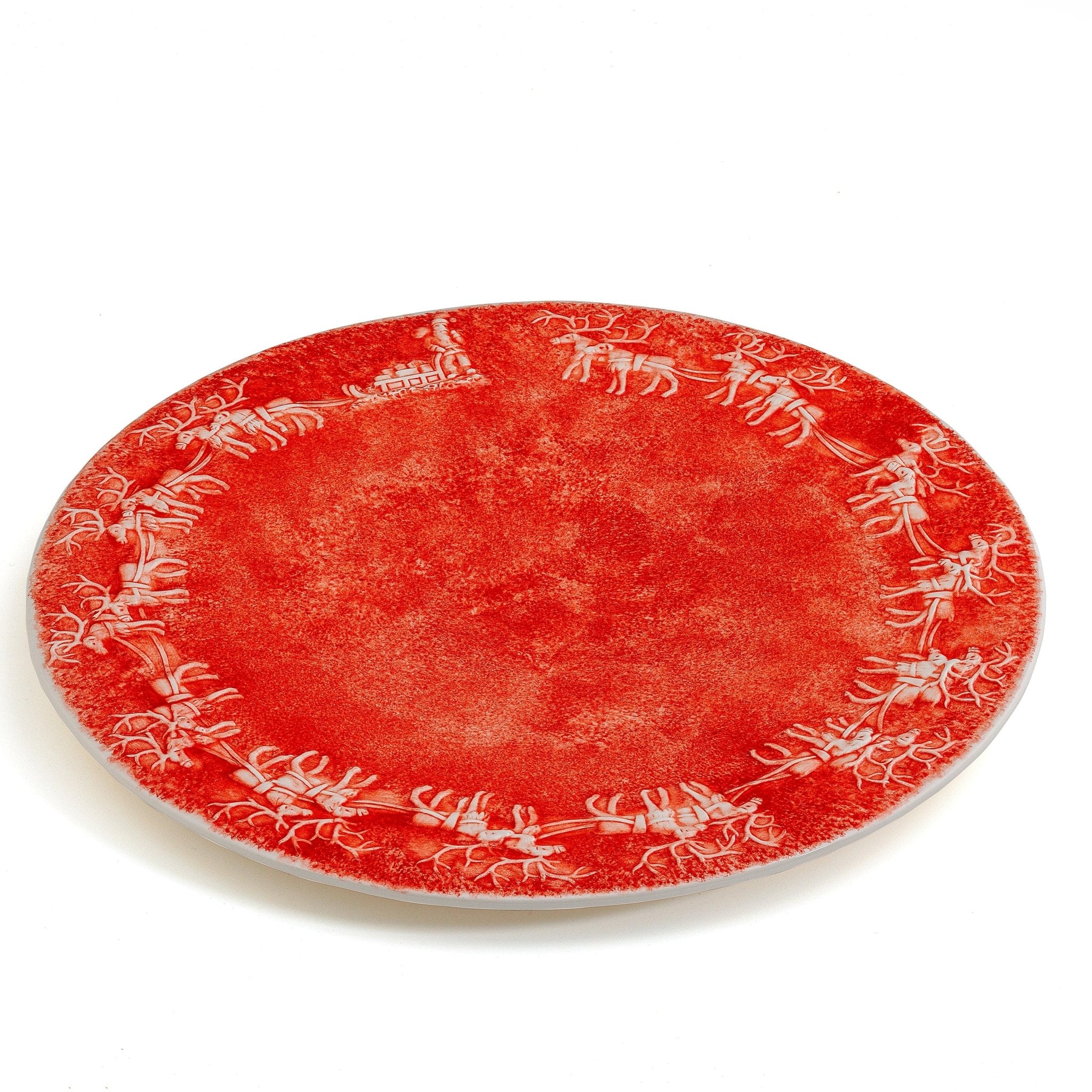 Reindeer Cheer 14.1” Round Platter, Red with White Reindeer Christmas Design, Made in Italy  - Che Cose Belle