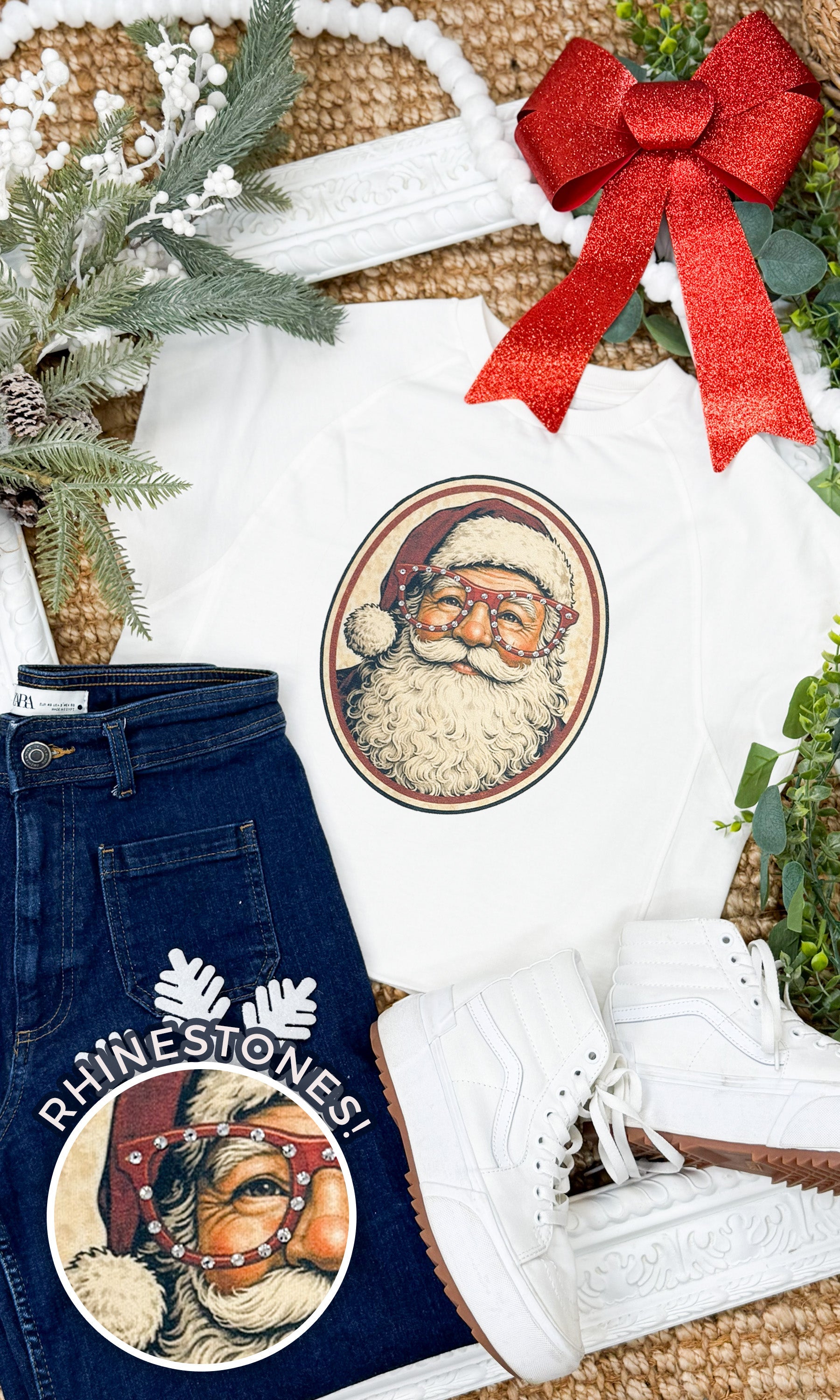 Santa with Rhinestone Specs Graphic Edgy Shirt