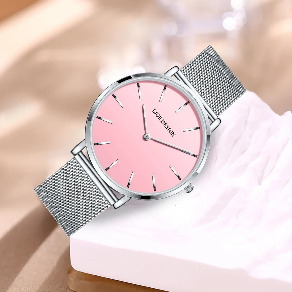 Women's Minimalist Quartz Watch with Stainless Steel Mesh Band