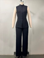 Women's Stand Collar Longline Vest Top & Wide-Leg Trousers Two-Piece Set