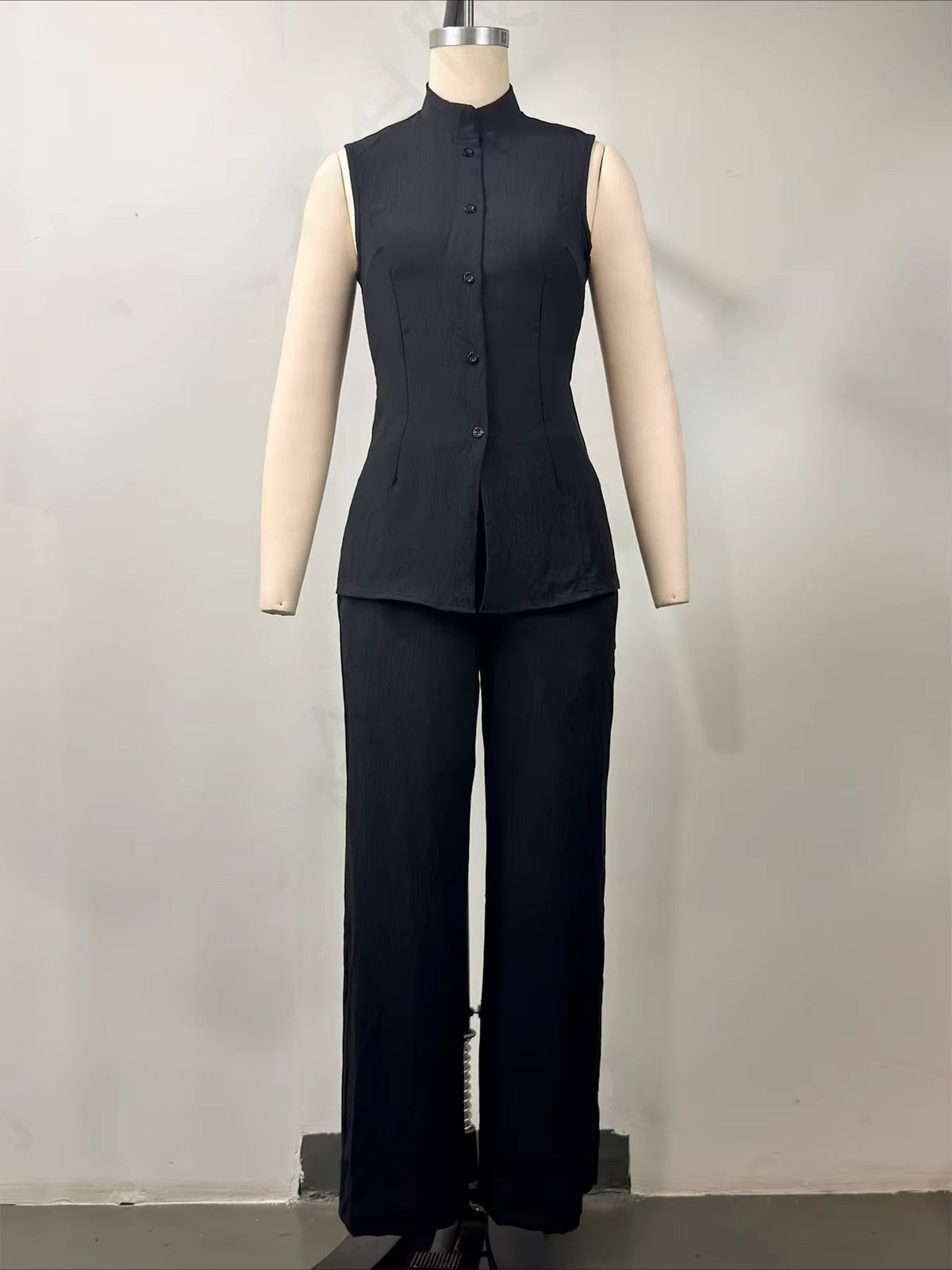 Women's Stand Collar Longline Vest Top & Wide-Leg Trousers Two-Piece Set