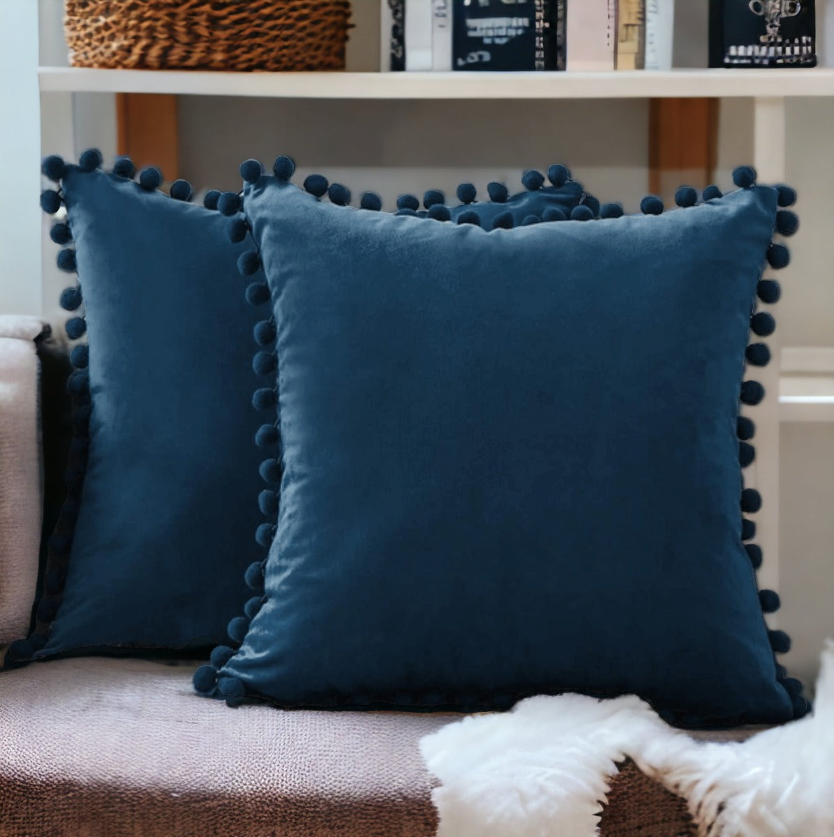 Plush Pom Pom Decorative Pillows 18x18 Velour Poly Cotton Soft Hypoallergenic Insert Option