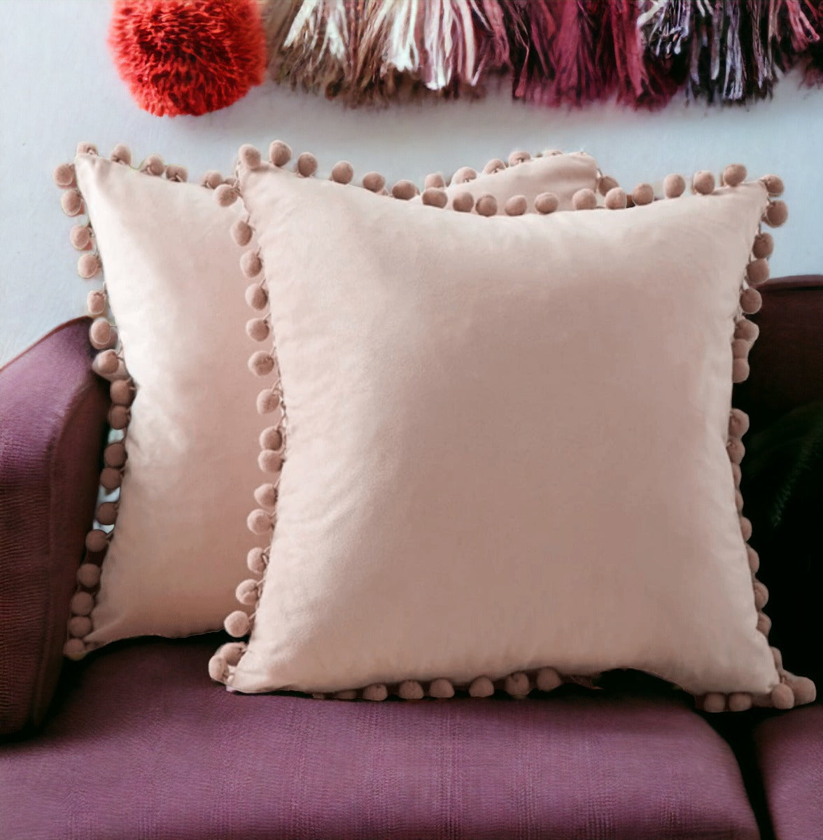 Plush Pom Pom Decorative Pillows 18x18 Velour Poly Cotton Soft Hypoallergenic Insert Option