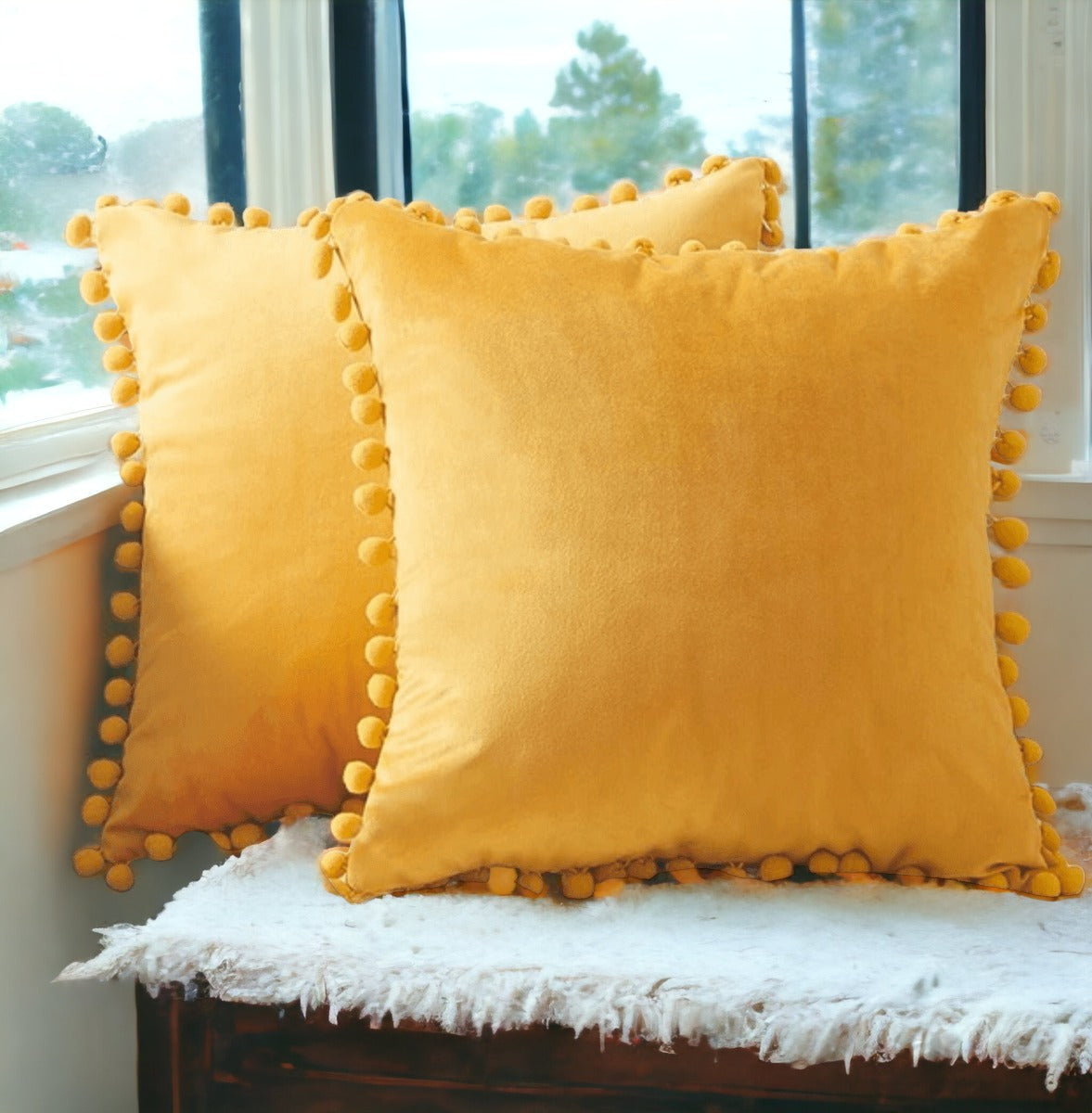 Plush Pom Pom Decorative Pillows 18x18 Velour Poly Cotton Soft Hypoallergenic Insert Option