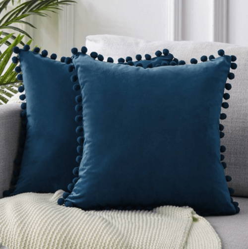 Plush Pom Pom Decorative Pillows 18x18 Velour Poly Cotton Soft Hypoallergenic Insert Option