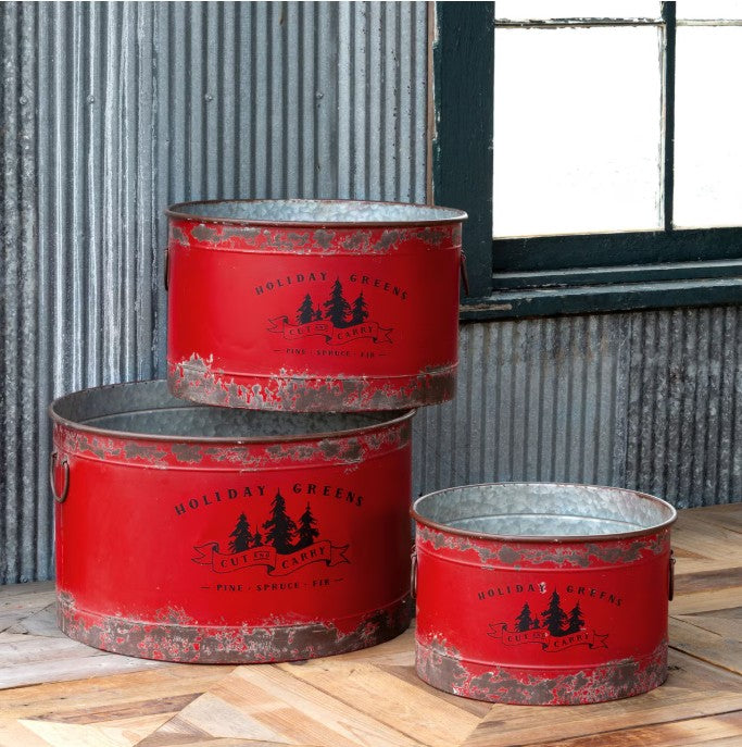 Park Hill | Antique Red Metal Tree Pots – Distressed Holiday Set of 3