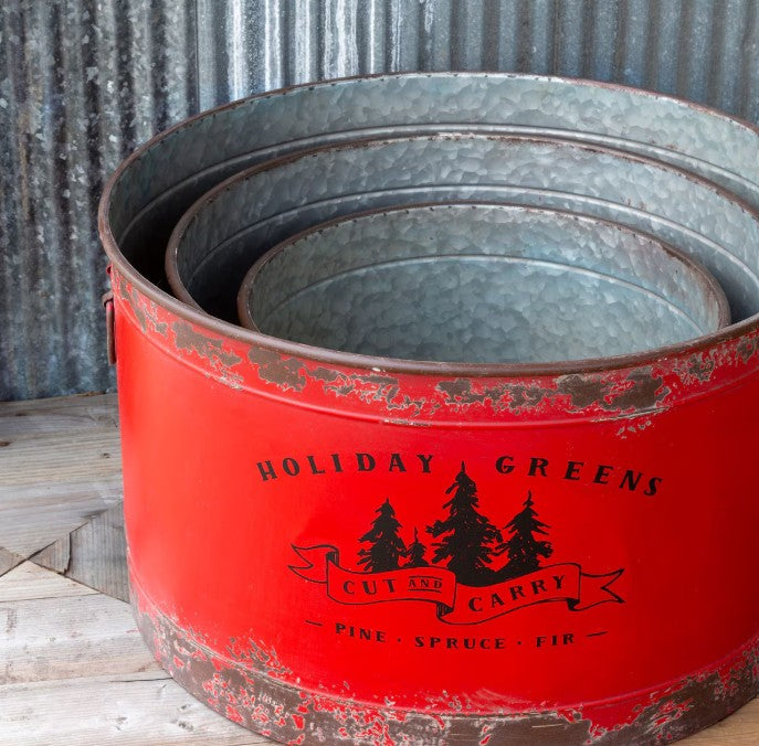 Park Hill | Antique Red Metal Tree Pots – Distressed Holiday Set of 3