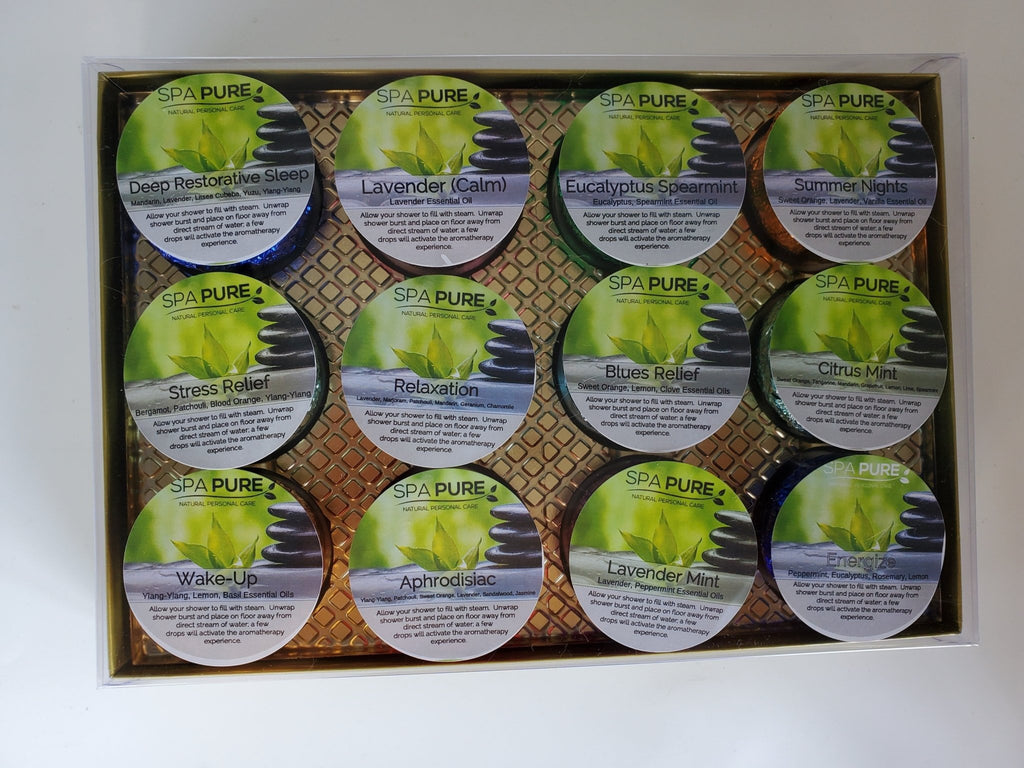 Gift Set with 12 Aromatherapy Shower Bombs - 100% Essential Oil Blends - foil wrapped 1.6 oz each - Che Cose Belle