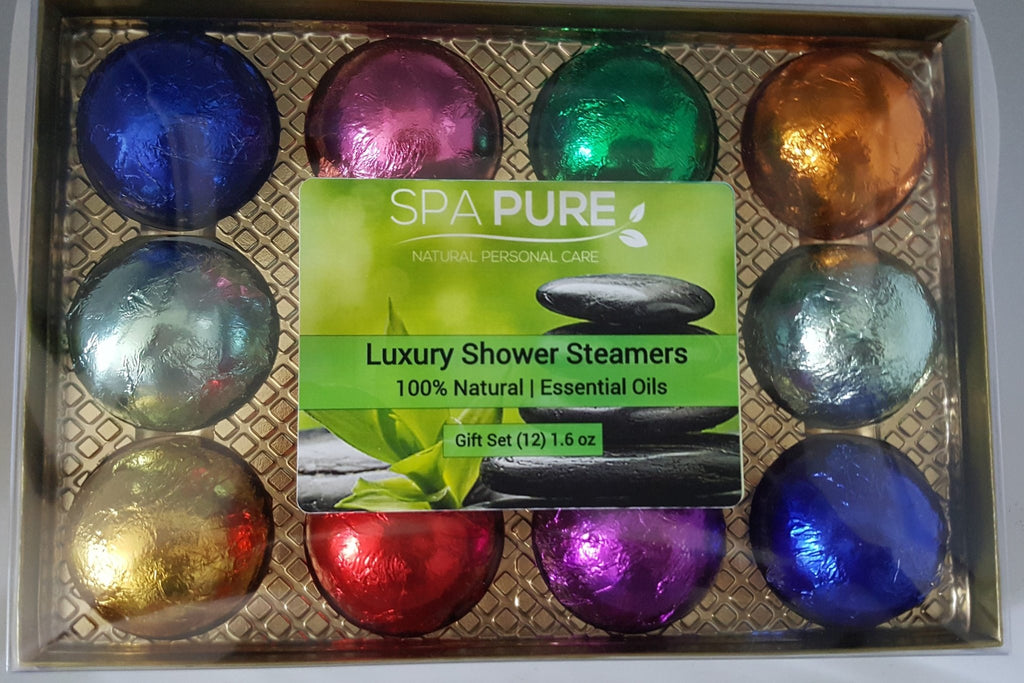 Gift Set with 12 Aromatherapy Shower Bombs - 100% Essential Oil Blends - foil wrapped 1.6 oz each - Che Cose Belle