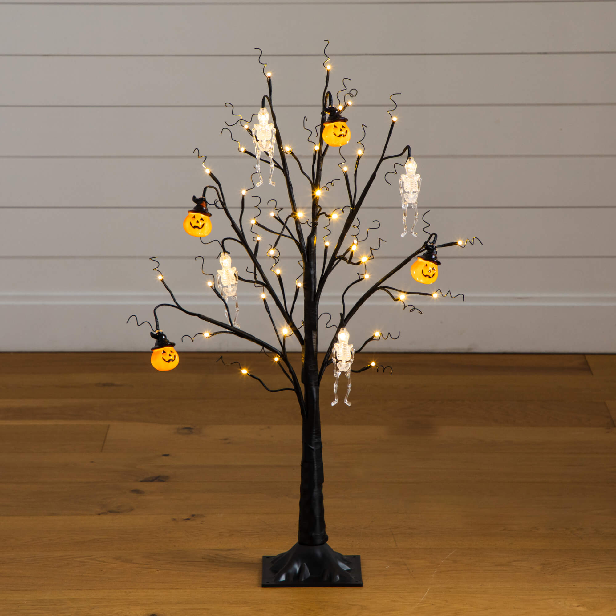 3' Pre-Lit Artificial Halloween Pumpkins and Skulls Ornament Tree with 48 Warm White LED Lights
