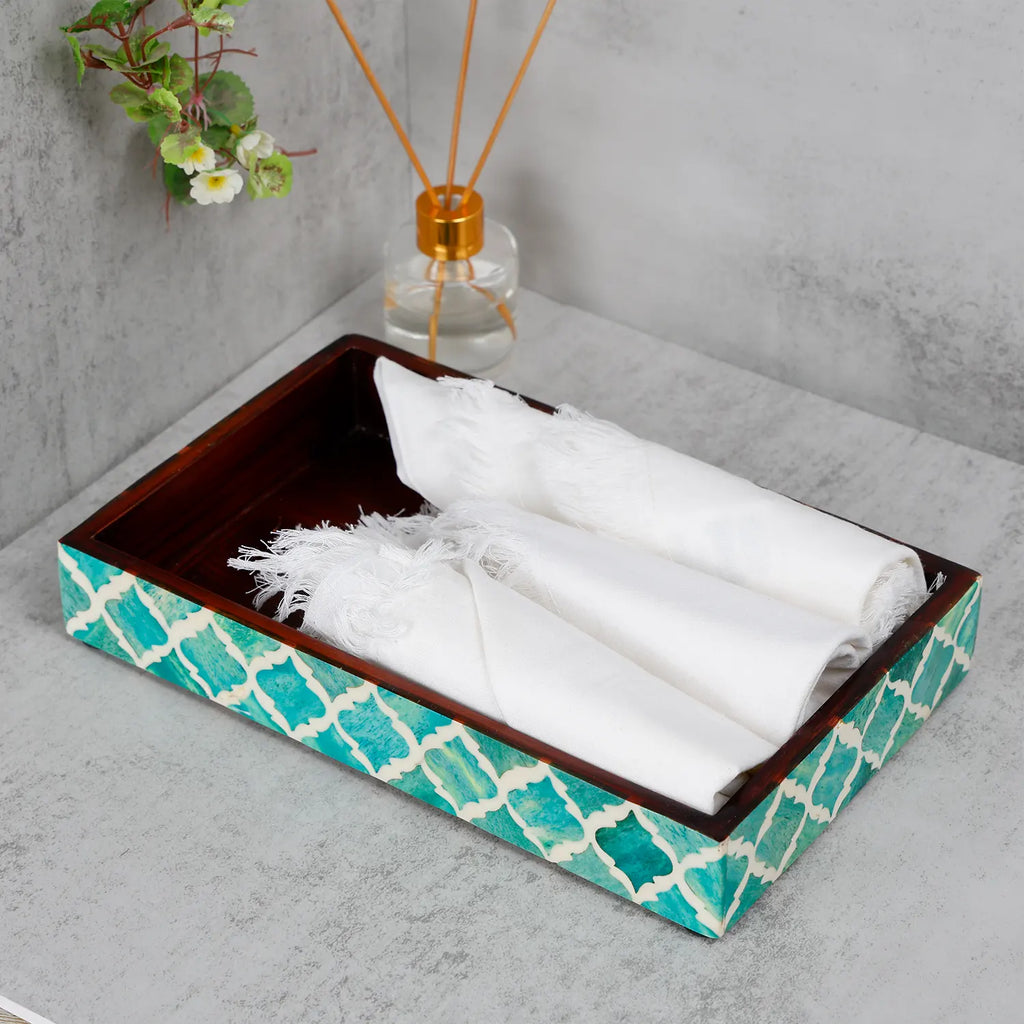 Vanity Trays Moroccan Pattern Bone & Resin Inlay Collection in 10x6, Green & White
