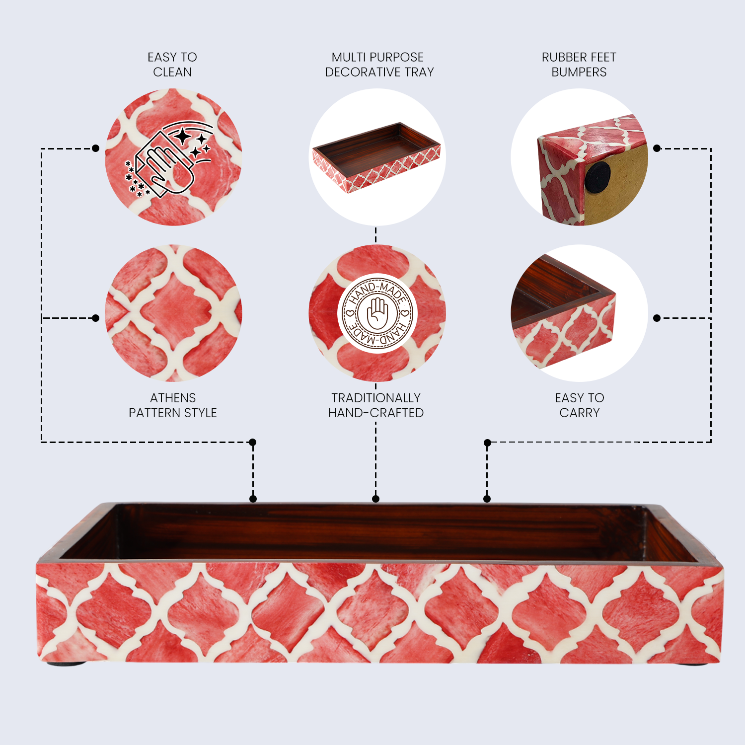 Vanity Trays Moroccan Pattern Bone & Resin inlay, Red & White, 10" x 6"