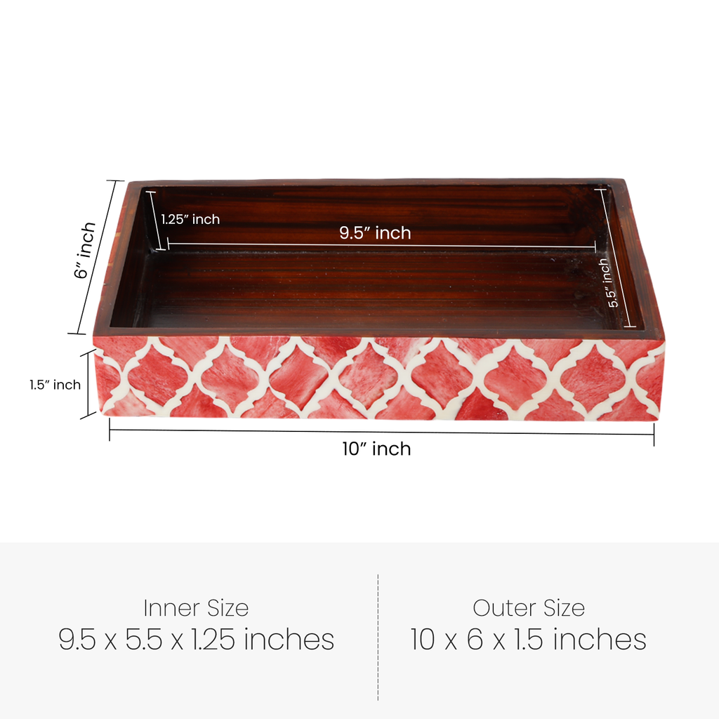 Vanity Trays Moroccan Pattern Bone & Resin inlay, Red & White, 10" x 6"