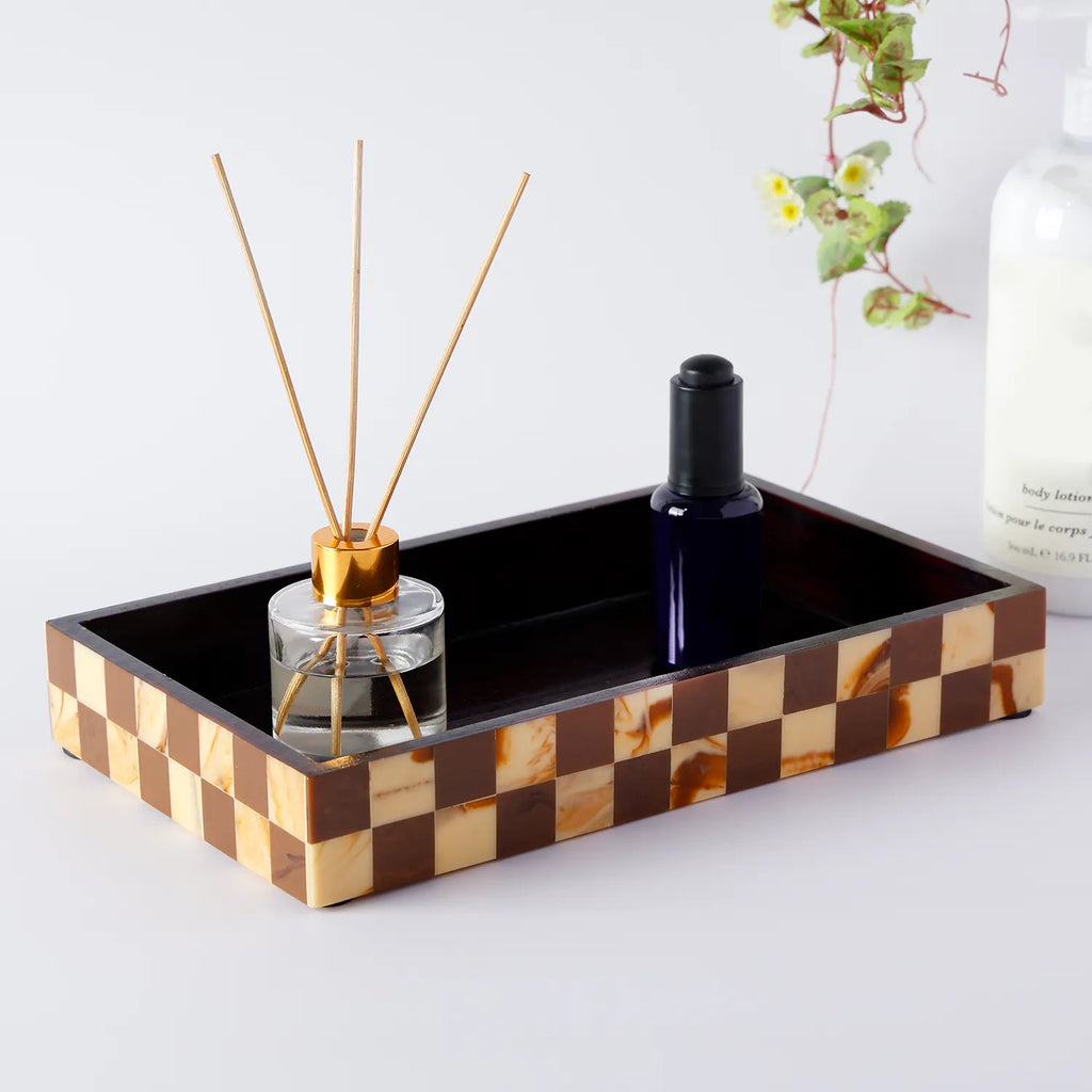 Vanity Tray Parlour Gambit Resin Inlay, Brown, 10" x 6"