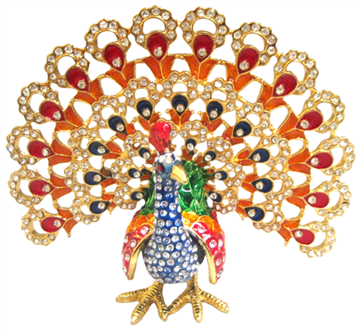 Blue Peacock with upright Opened Multicolored Feathers - Bejeweled Trinket Box TRNK - 5111 - Che Cose Belle