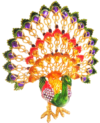 Green Peacock with upward Opened Multicolored Feathers - Bejeweled Trinket Box - Che Cose Belle