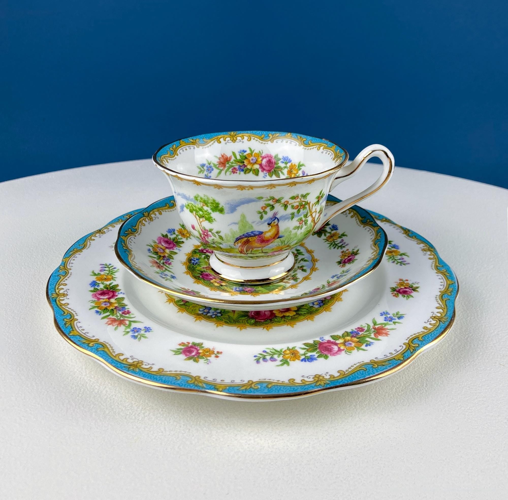 Vintage Tea Set Trio by Royal Albert, Chelsey Bird. Stunning Motif of Exotic Bird in Garden. Dining Room Decor. Gift for Tea Lover.