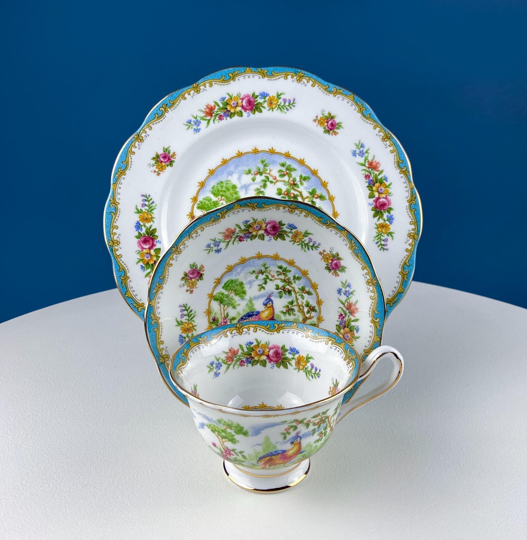 Vintage Tea Set Trio by Royal Albert, Chelsey Bird. Stunning Motif of Exotic Bird in Garden. Dining Room Decor. Gift for Tea Lover.