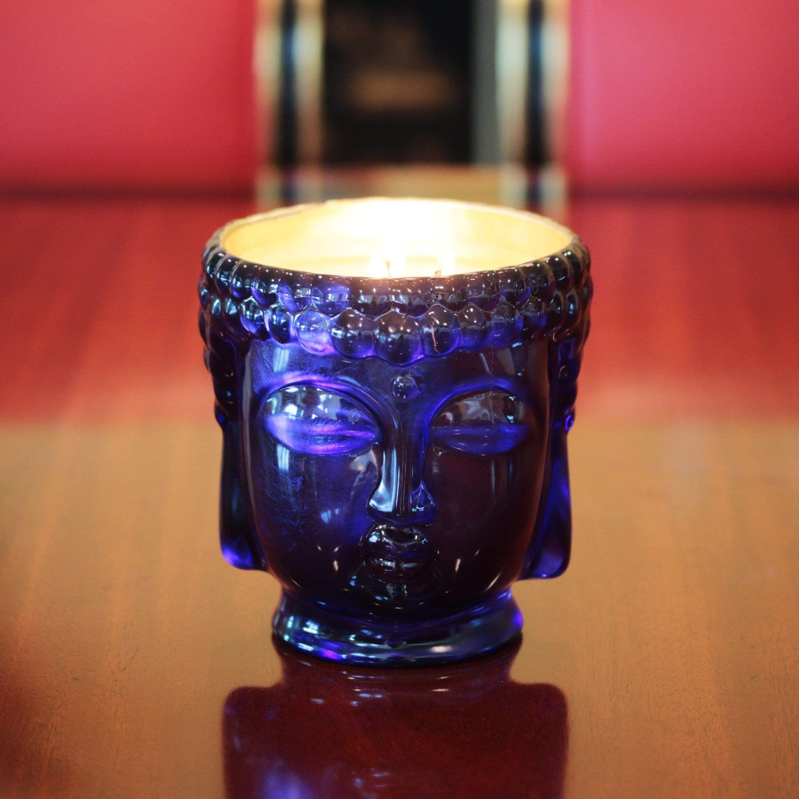 24K Gold Sapphire Blue Glass Buddha Candle, 3-Wick