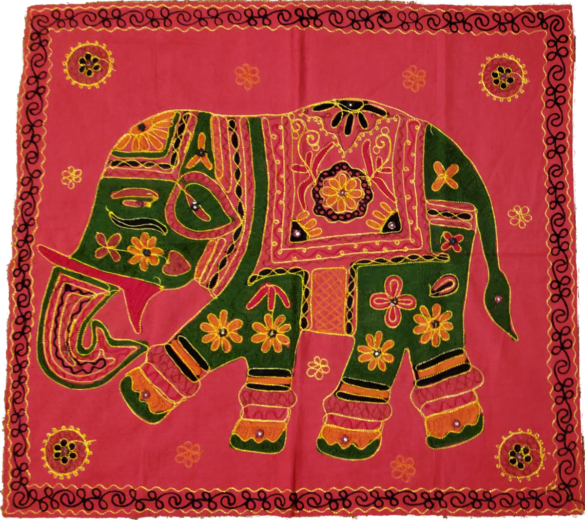 Embroidered Red Cotton Elephant Wall Hanging 32x29 Inch