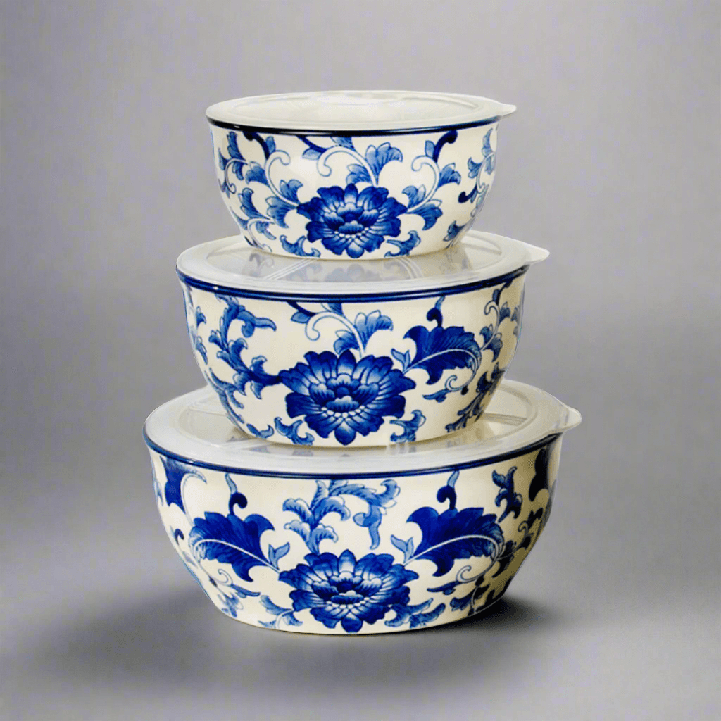 Blue Garden Chinoiserie “Hold Everything” 3 - Piece Round Stoneware Storage Bowls Set - Che Cose Belle
