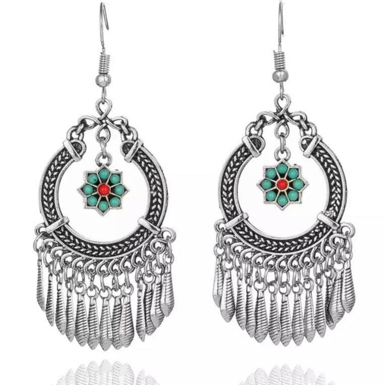 Vintage Indian Flower Tassel Boho Dangle Earrings