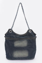 Washed Denim Double Pockets Tote Bag