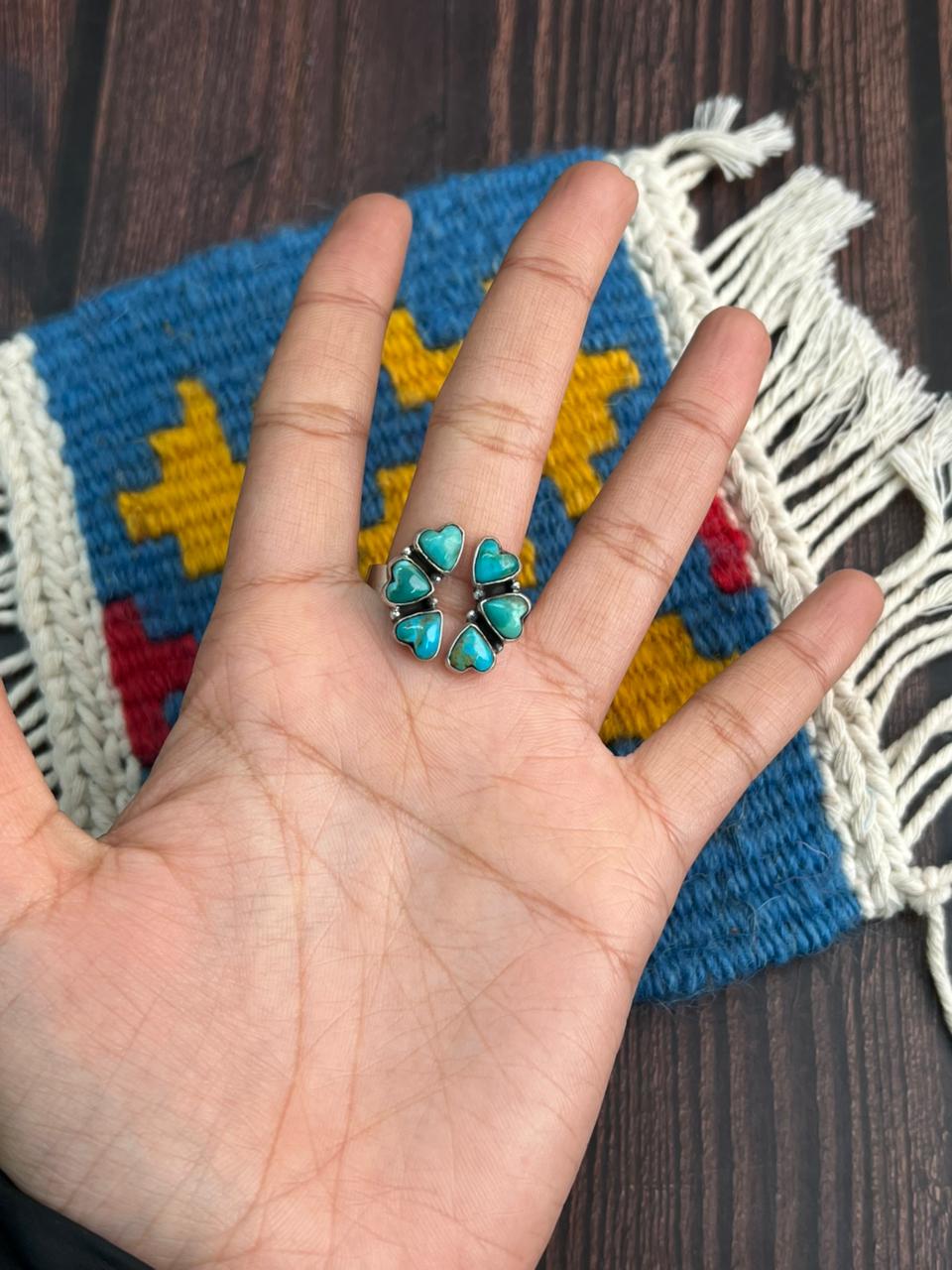 "Heart Collection" Handmade Sterling Silver Kingman Turquoise Adjustable Ring "Signed Nizhoni"