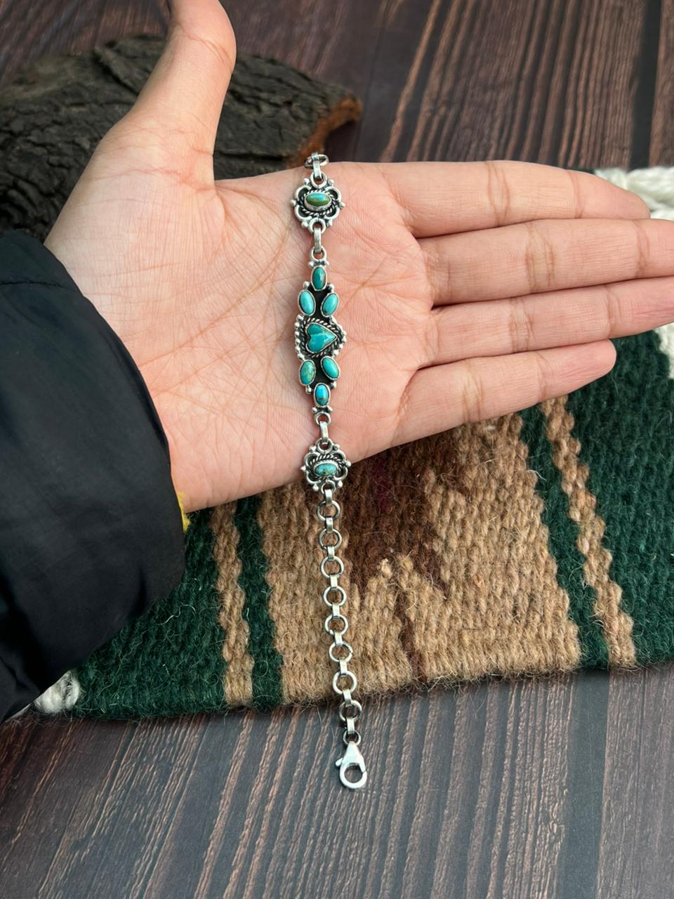 "Heart Collection" Handmade Sterling Silver Kingman Turquoise Chain Bracelet "Signed Nizhoni"