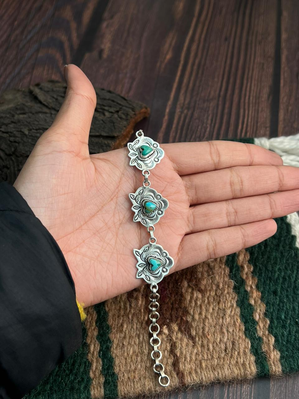 "Heart Collection" Handmade Sterling Silver Kingman Turquoise Chain Bracelet "Signed Nizhoni"