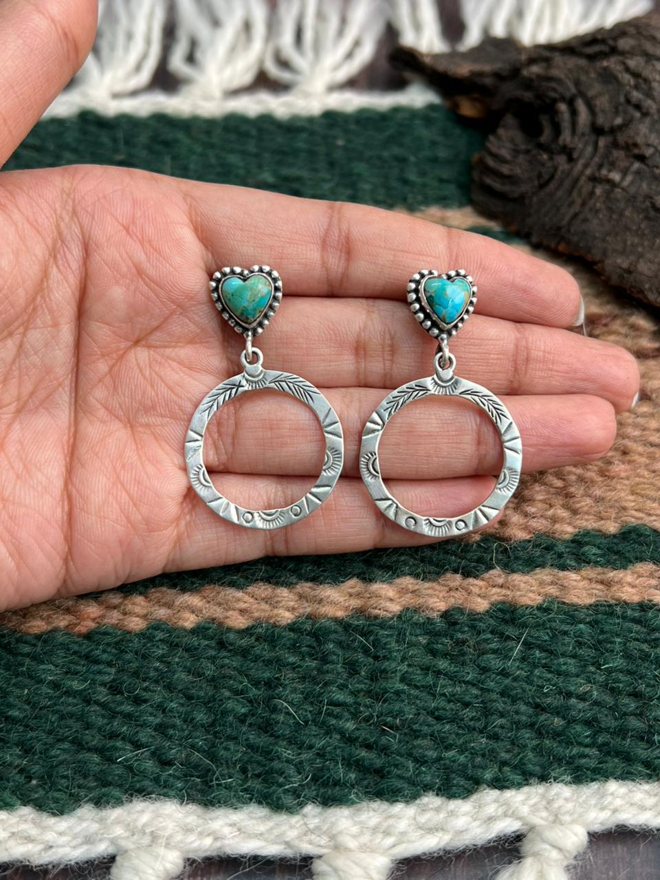 "Heart Collection" Handmade Sterling Silver Kingman Turquoise Post Dangle Earrings "Signed Nizhoni"