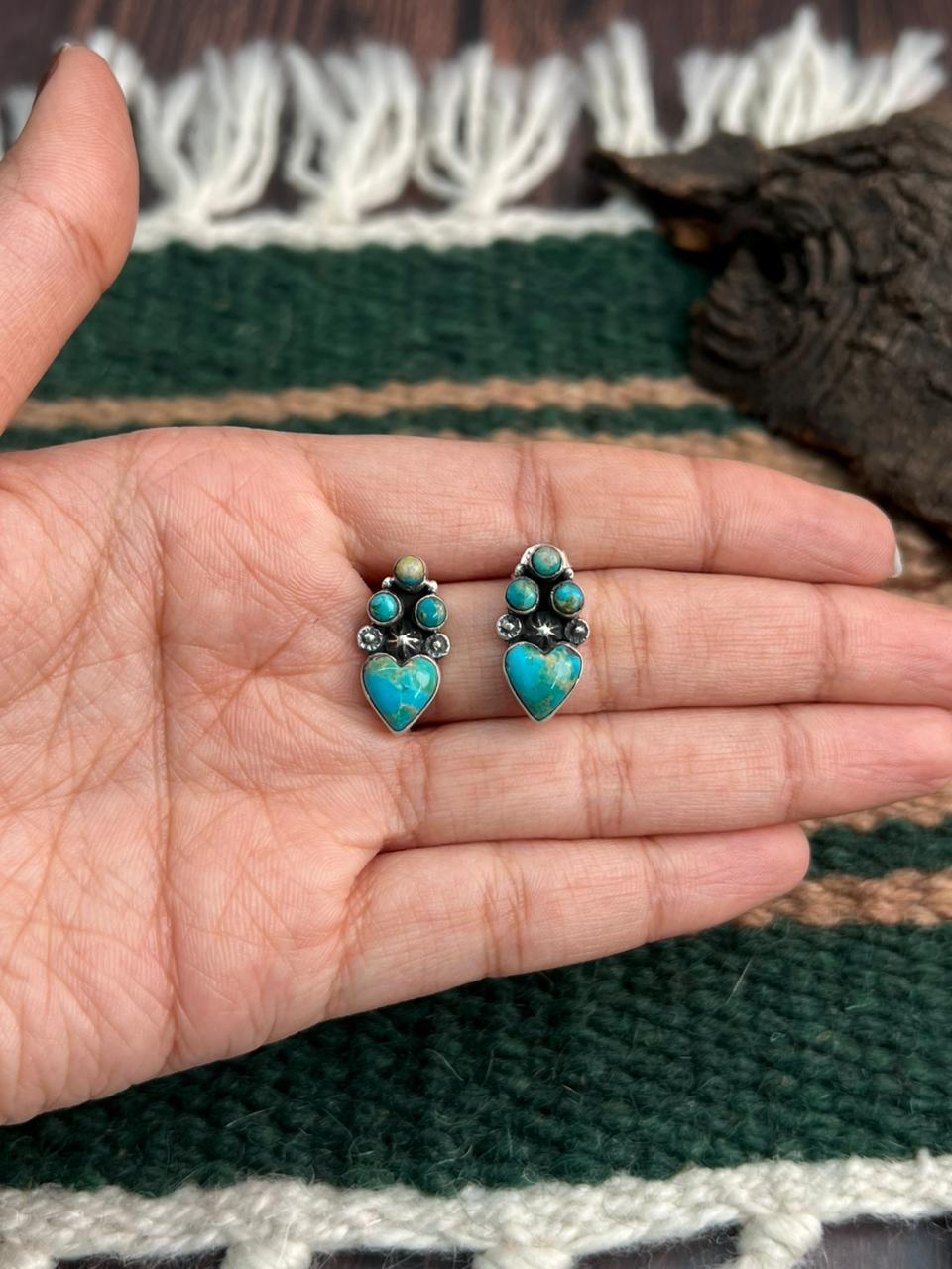 "Heart Collection" Handmade Sterling Silver Kingman Turquoise Post Studs Earrings "Signed Nizhoni"
