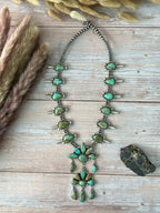 Handmade Sterling Silver Baja Turquoise Collection: Squash Blossom Beaded Necklace "Signed Nizhoni"