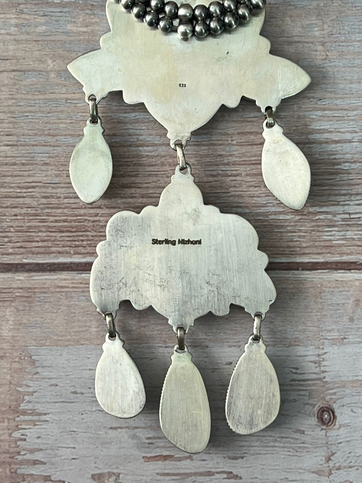 Handmade Sterling Silver Baja Turquoise Collection: Squash Blossom Beaded Necklace "Signed Nizhoni"