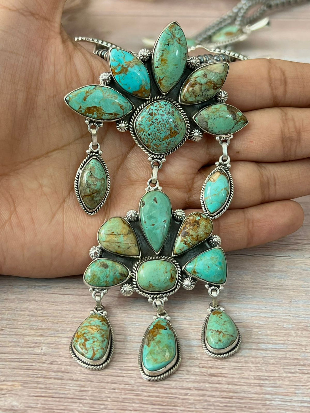 Handmade Sterling Silver Baja Turquoise Collection: Squash Blossom Beaded Necklace "Signed Nizhoni"