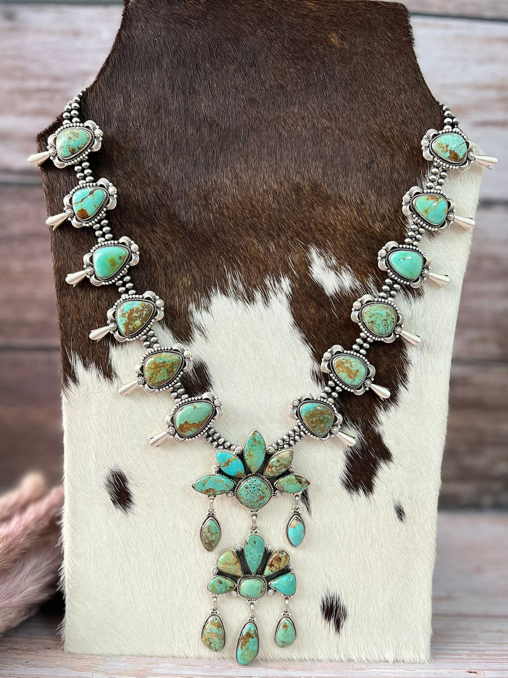 Handmade Sterling Silver Baja Turquoise Collection: Squash Blossom Beaded Necklace "Signed Nizhoni"