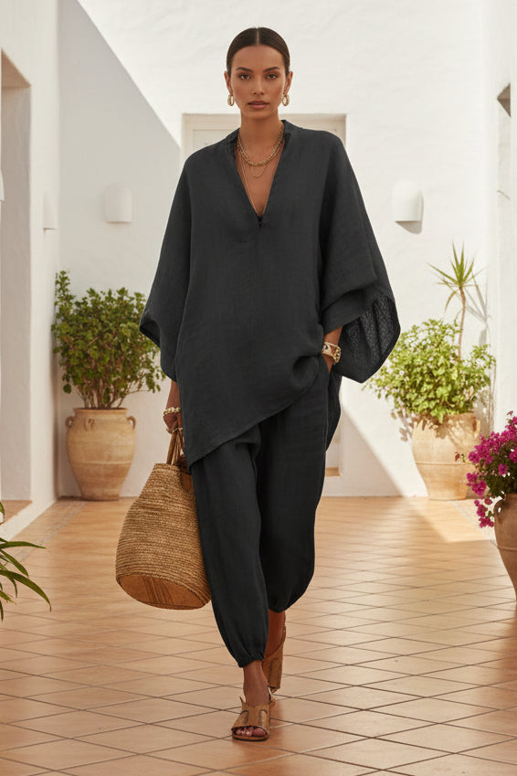 Women's Oversized Cape-Sleeve V-Neck Top & Tapered Jogger Pants Two-Piece Set