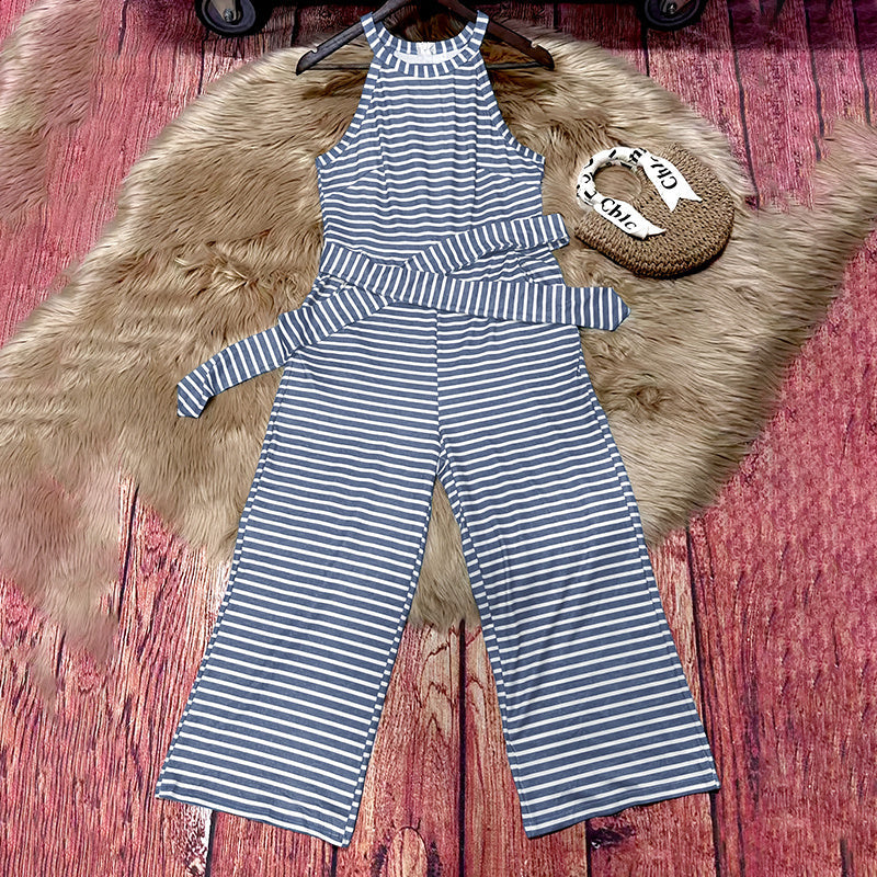 Women's Striped Halter Neck Jumpsuit with Self-Tie Belt & Wide-Leg Crop