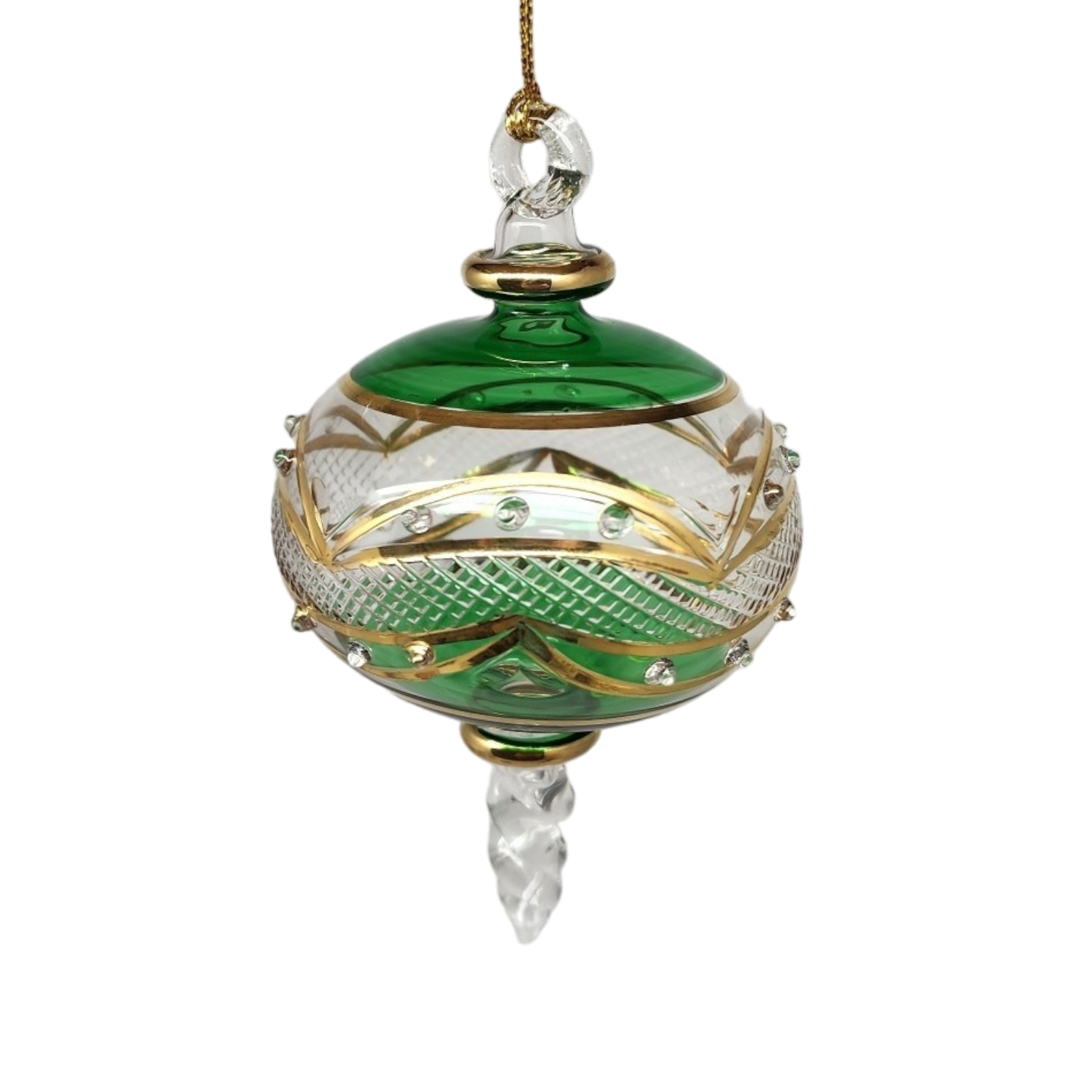 Gold Etched Blown Glass Sphere - Green