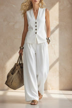 Women's Solid Linen Sleeveless Vest & Wide-Leg Pants Set