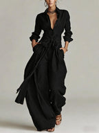 Women's Linen Long Sleeve Shirt & High-Waist Wide-Leg Pants Set with Tie Belt