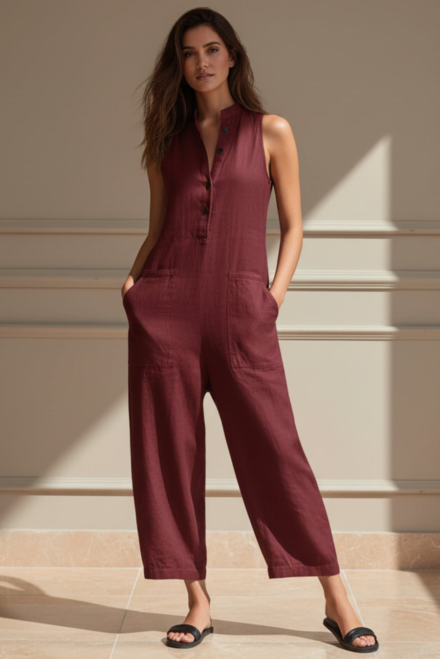Women's Linen-Blend Sleeveless Jumpsuit