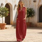 Women's Sleeveless V-Neck Wide-Leg Jumpsuit with Patch Pockets