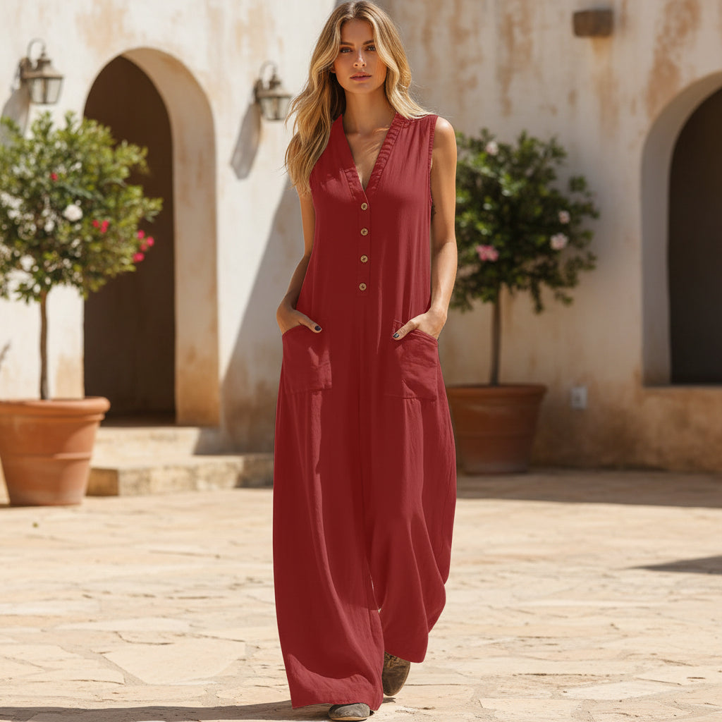 Women's Sleeveless V-Neck Wide-Leg Jumpsuit with Patch Pockets
