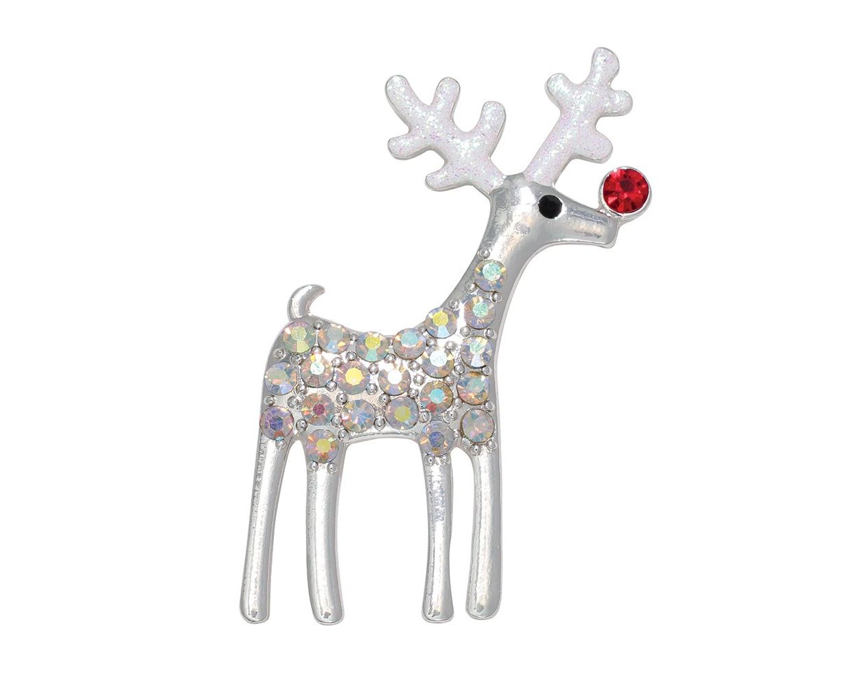 AB Crystal Studded Silver Rudolph Pin - Che Cose Belle