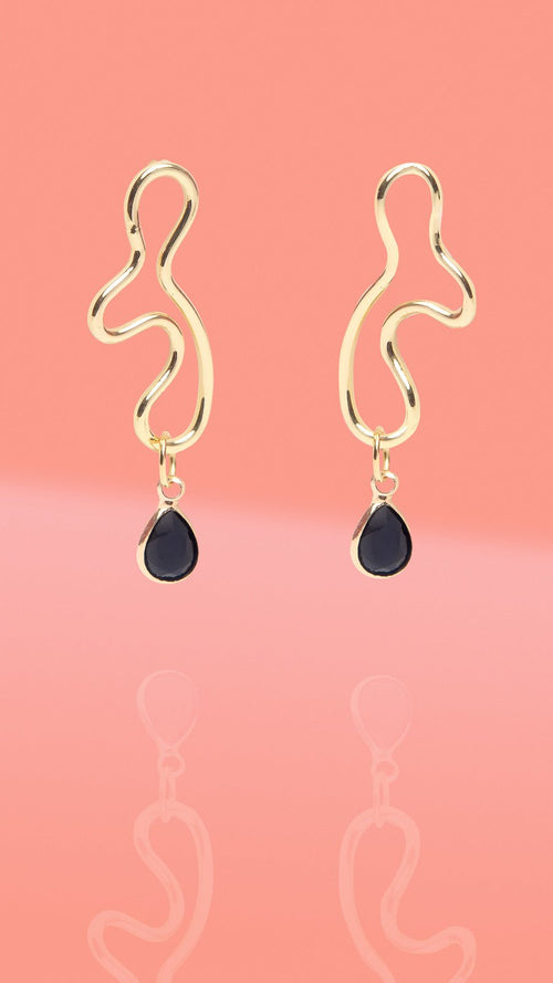Abstract Wiggle Gold Plated Hoop Black Glass Charm - Che Cose Belle