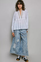 POL Lace Eyelet Long Sleeve Cotton Blouse