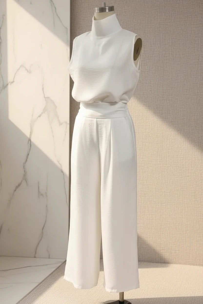 Women's Linen-Style Two-Piece Set – V-Neck Top & Wide-Leg Pants